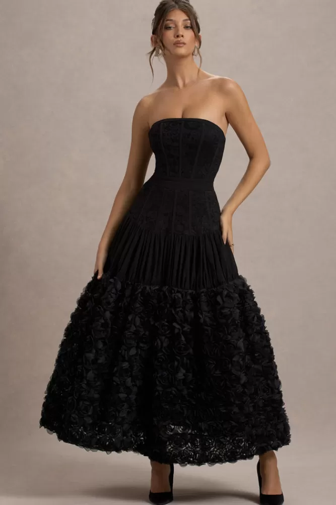Club L London Dame | Lace Bandeau Midi Dress With Floral Hem BLACK New
