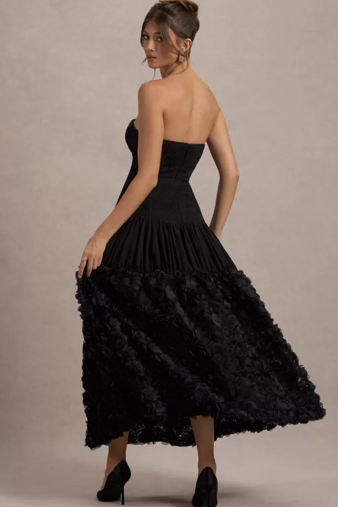 Club L London Dame | Lace Bandeau Midi Dress With Floral Hem BLACK New