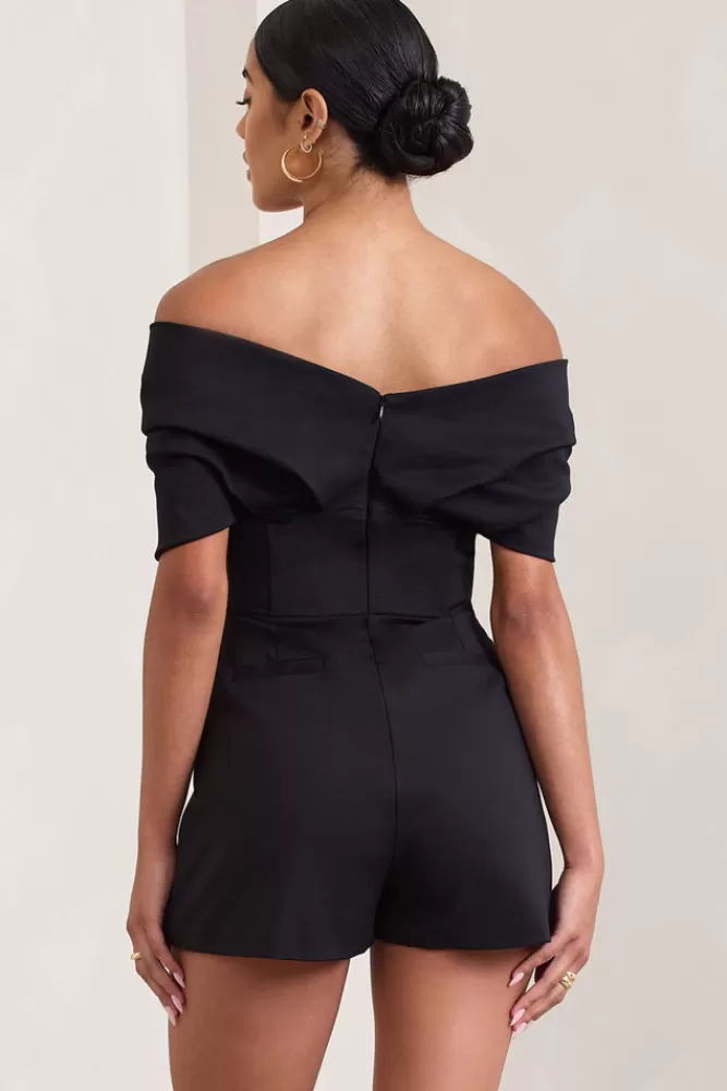 Club L London Damsel | Cotton-Blend Corset Bardot Playsuit BLACK Fashion