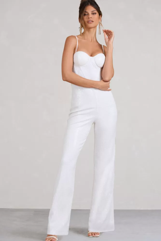 Club L London Dandelion | Strappy Corset Sequin Jumpsuit WHITE Hot