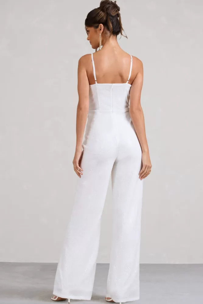 Club L London Dandelion | Strappy Corset Sequin Jumpsuit WHITE Hot