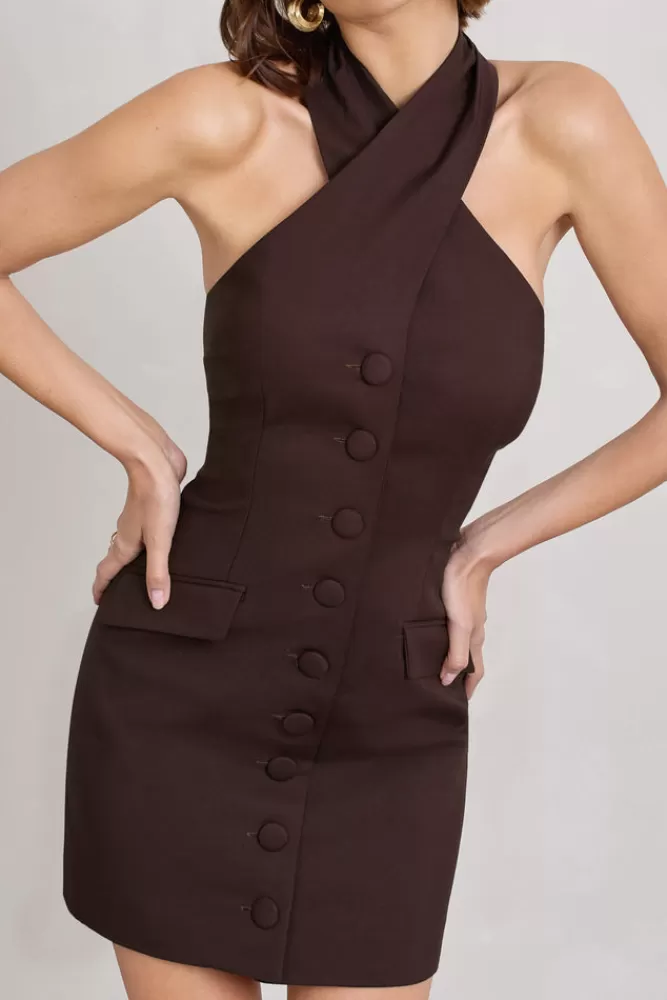 Club L London Dani | Halter Neck Tailored Buttoned Bodycon Mini Dress CHOCOLATE Best Sale
