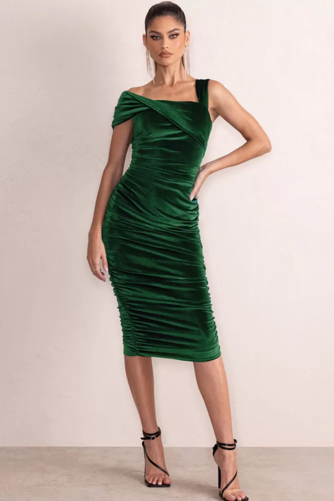 Club L London Daniela | Bottle Green Velvet One Shoulder Ruched Midi Dress Bottlegreen Cheap