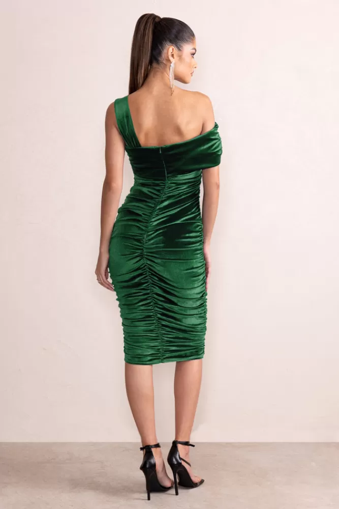 Club L London Daniela | Bottle Green Velvet One Shoulder Ruched Midi Dress Bottlegreen Cheap