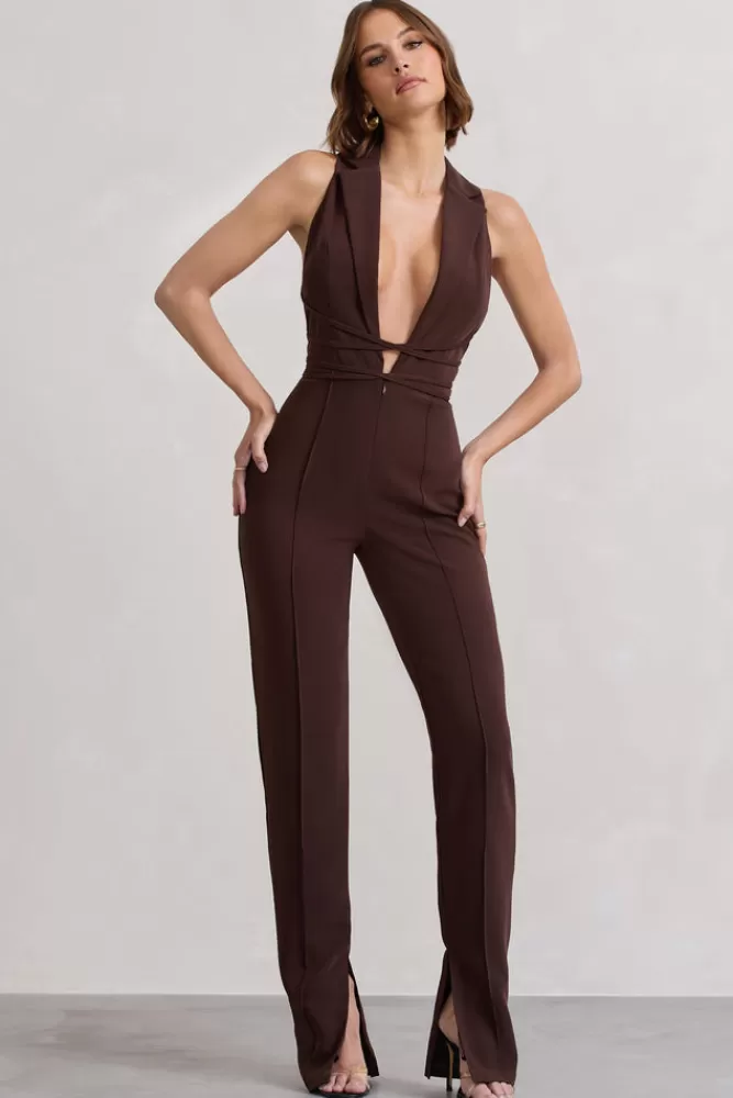Club L London Darcy | Brown Plunge Neck Tailored Jumpsuit With Tie Detail CHOCOLATE Flash Sale