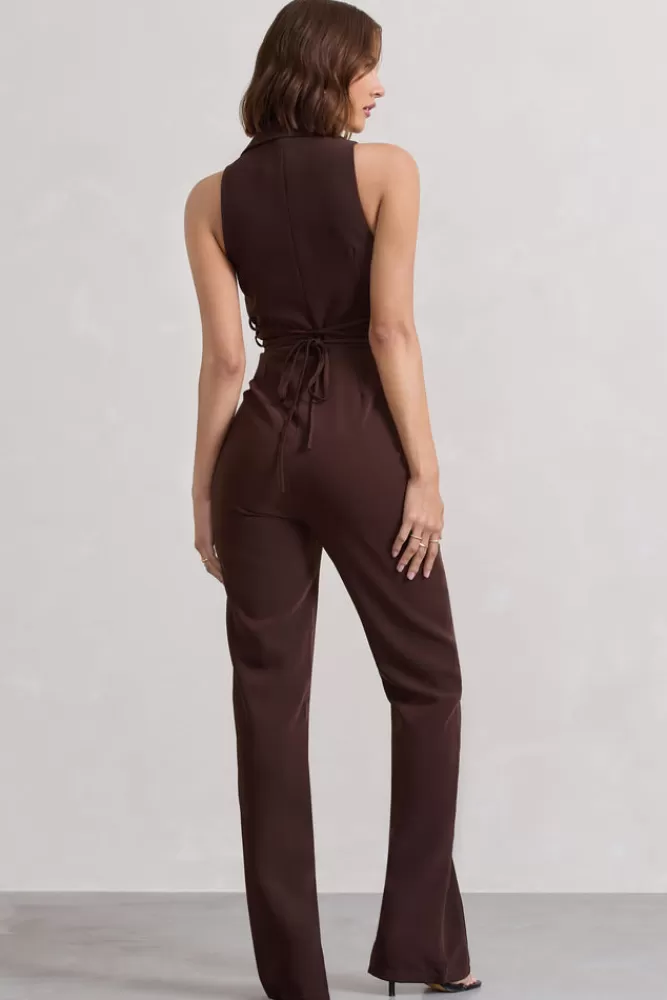 Club L London Darcy | Brown Plunge Neck Tailored Jumpsuit With Tie Detail CHOCOLATE Flash Sale