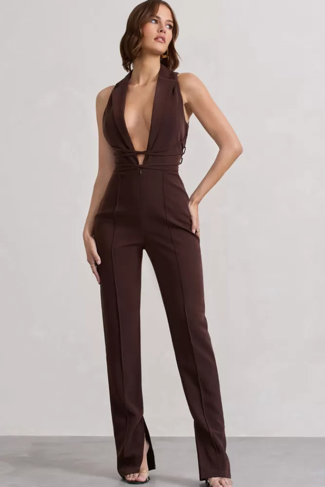 Club L London Darcy | Brown Plunge Neck Tailored Jumpsuit With Tie Detail CHOCOLATE Flash Sale