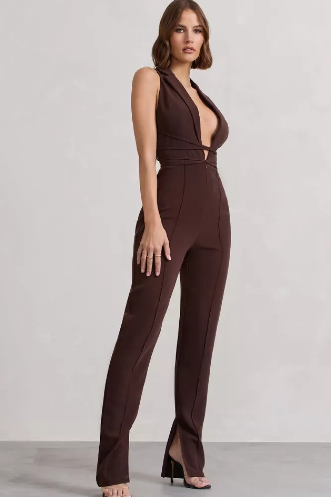 Club L London Darcy | Brown Plunge Neck Tailored Jumpsuit With Tie Detail CHOCOLATE Flash Sale