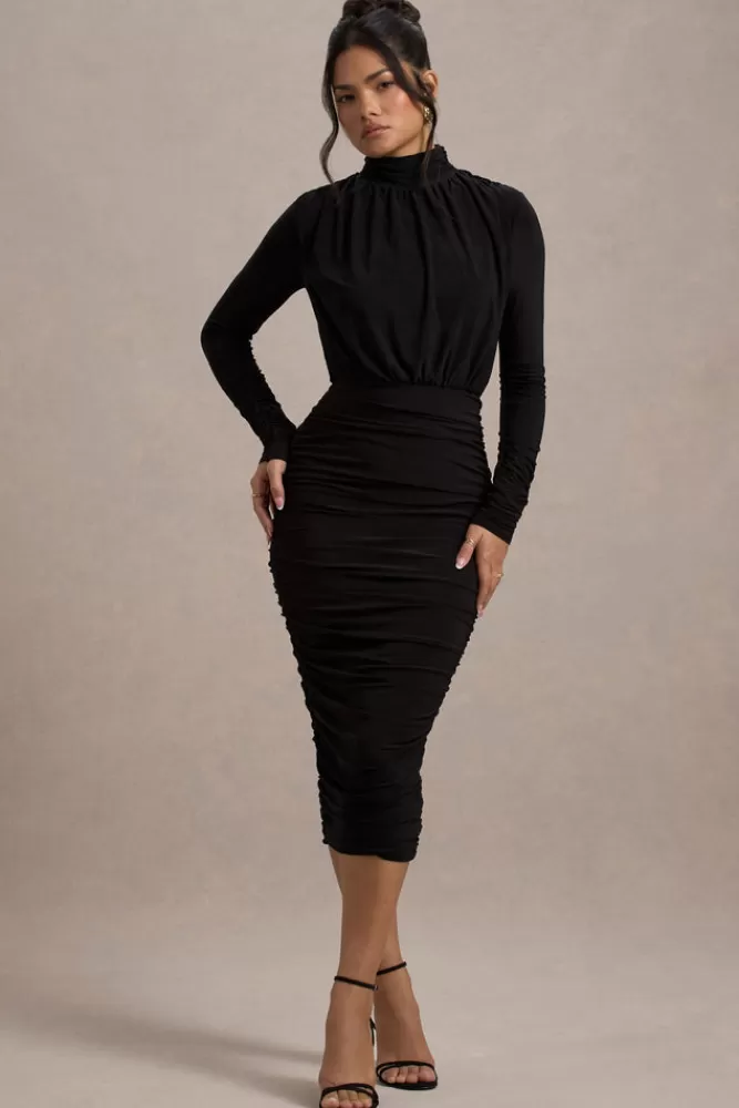 Club L London Dasha |   Ruched High-Neck Long-Sleeve Midi Dress BLACK Outlet