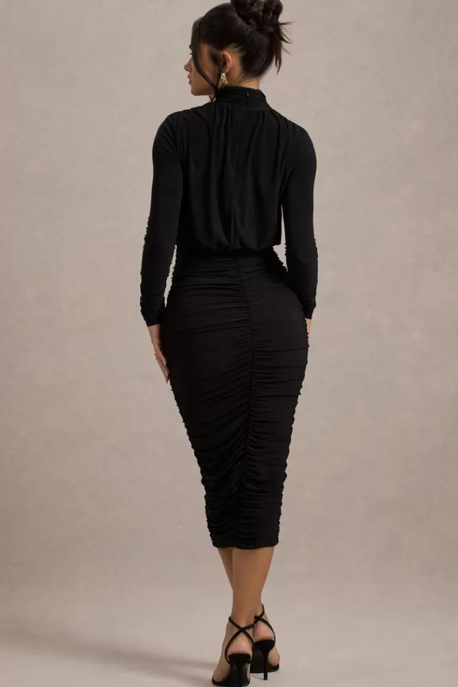 Club L London Dasha |   Ruched High-Neck Long-Sleeve Midi Dress BLACK Outlet