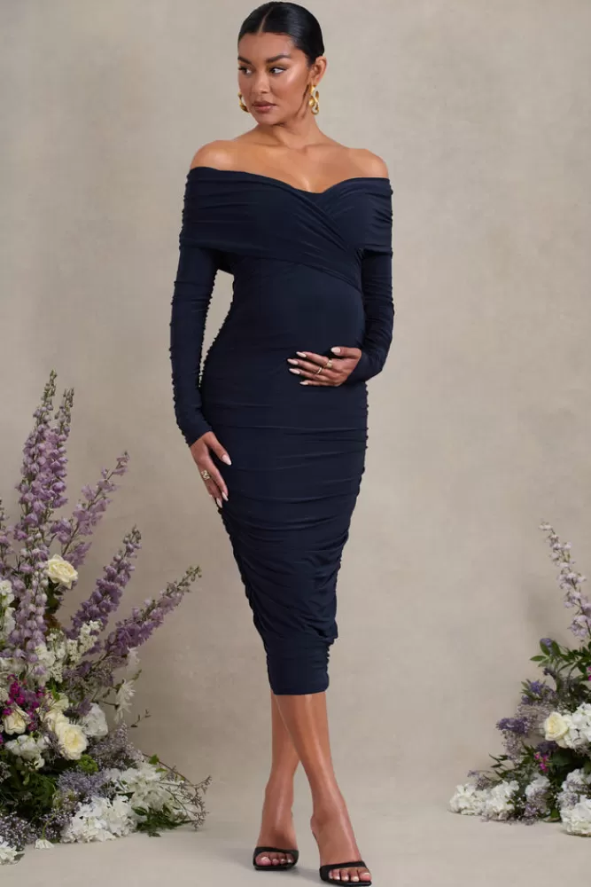 Club L London Davina | Ruched Twist Bardot Long-Sleeve Maternity Midi Dress NAVY Discount