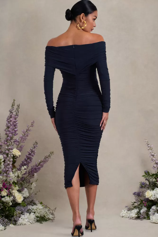 Club L London Davina | Ruched Twist Bardot Long-Sleeve Maternity Midi Dress NAVY Discount