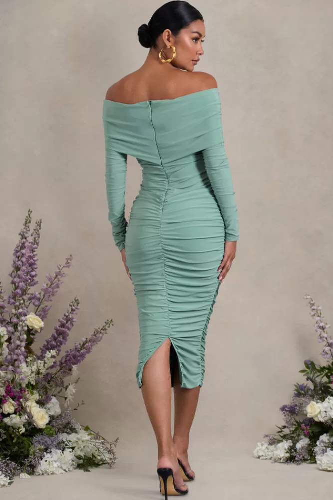 Club L London Davina | Ruched Twist Bardot Long-Sleeve Maternity Midi Dress SAGE Outlet