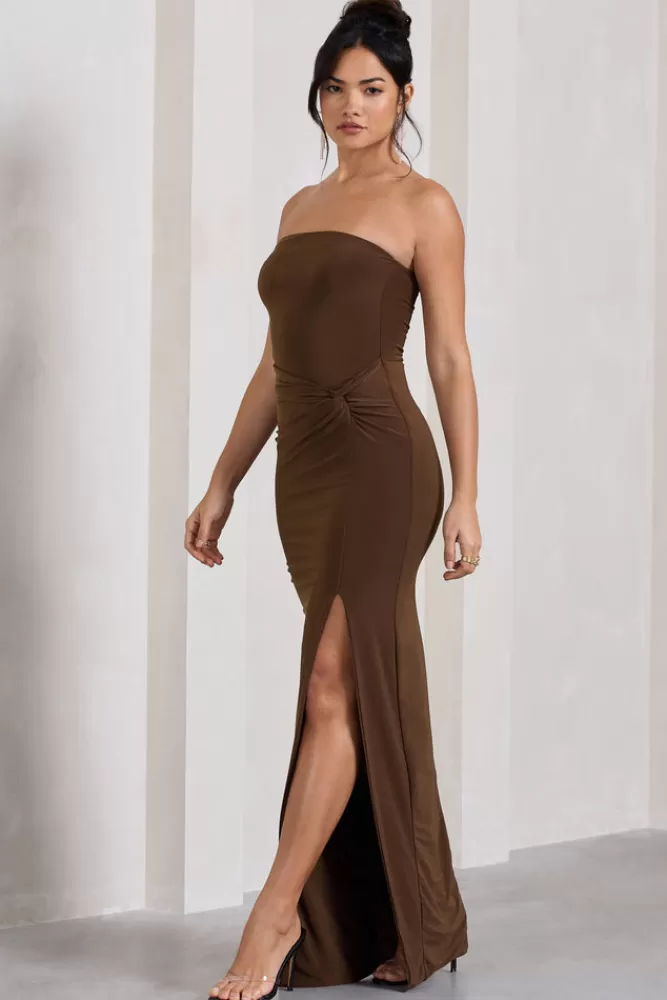 Club L London Dawning | Brown Bandeau Knotted Split Maxi Dress CHOCOLATE New