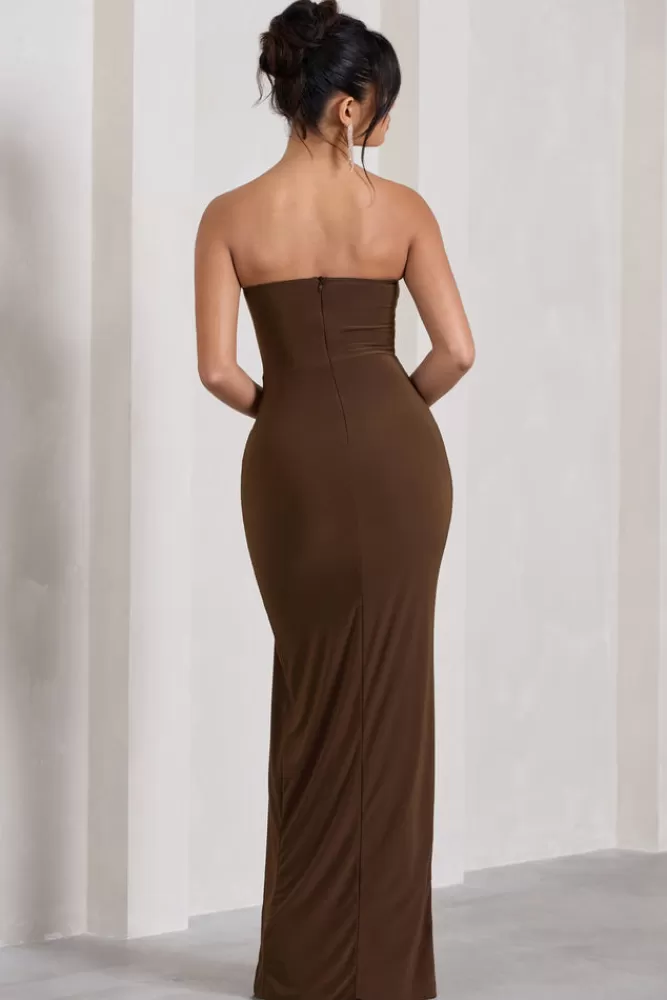 Club L London Dawning | Brown Bandeau Knotted Split Maxi Dress CHOCOLATE New