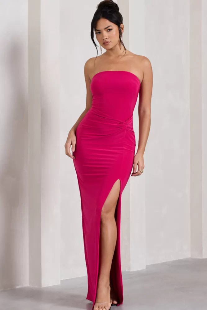 Club L London Dawning | Hot Pink Bandeau Knotted Split Maxi Dress HOTPINK Clearance