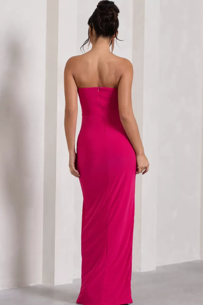 Club L London Dawning | Hot Pink Bandeau Knotted Split Maxi Dress HOTPINK Clearance