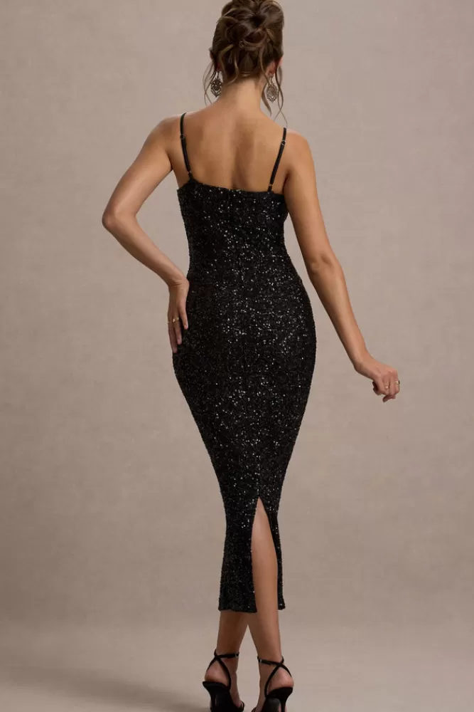 Club L London Dazzle Me | Sequin Strappy Bodycon Maxi Dress BLACK Flash Sale