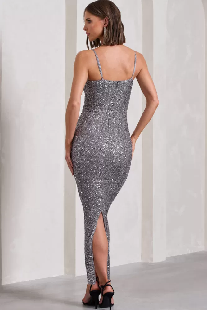 Club L London Dazzle Me | Grey Sequin Strappy Bodycon Maxi Dress PEWTER Discount