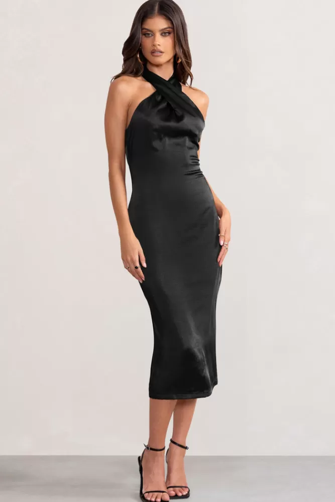 Club L London Dazzling | Satin Cross Over Halter Neck Midi Dress BLACK Best Sale