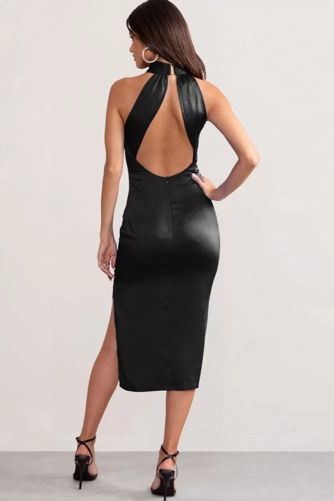 Club L London Dazzling | Satin Cross Over Halter Neck Midi Dress BLACK Best Sale