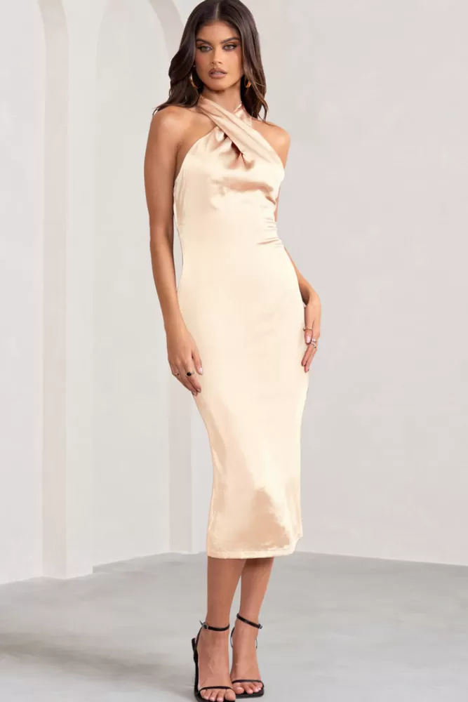 Club L London Dazzling | Champagne Satin Cross Over Halter Neck Midi Dress CREAM New