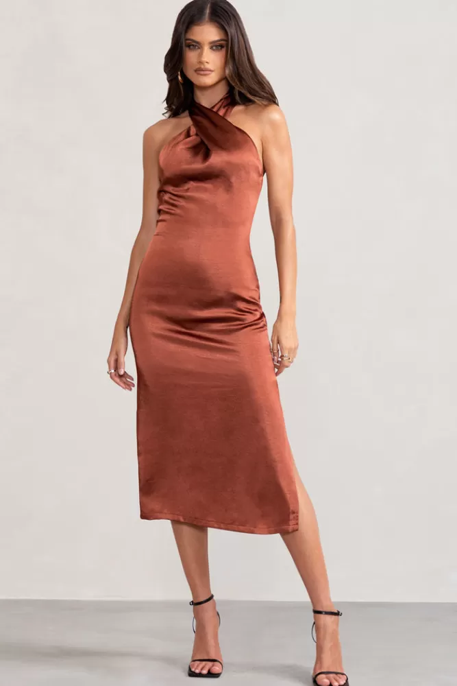 Club L London Dazzling | Satin Cross Over Halter Neck Midi Dress Rust Best