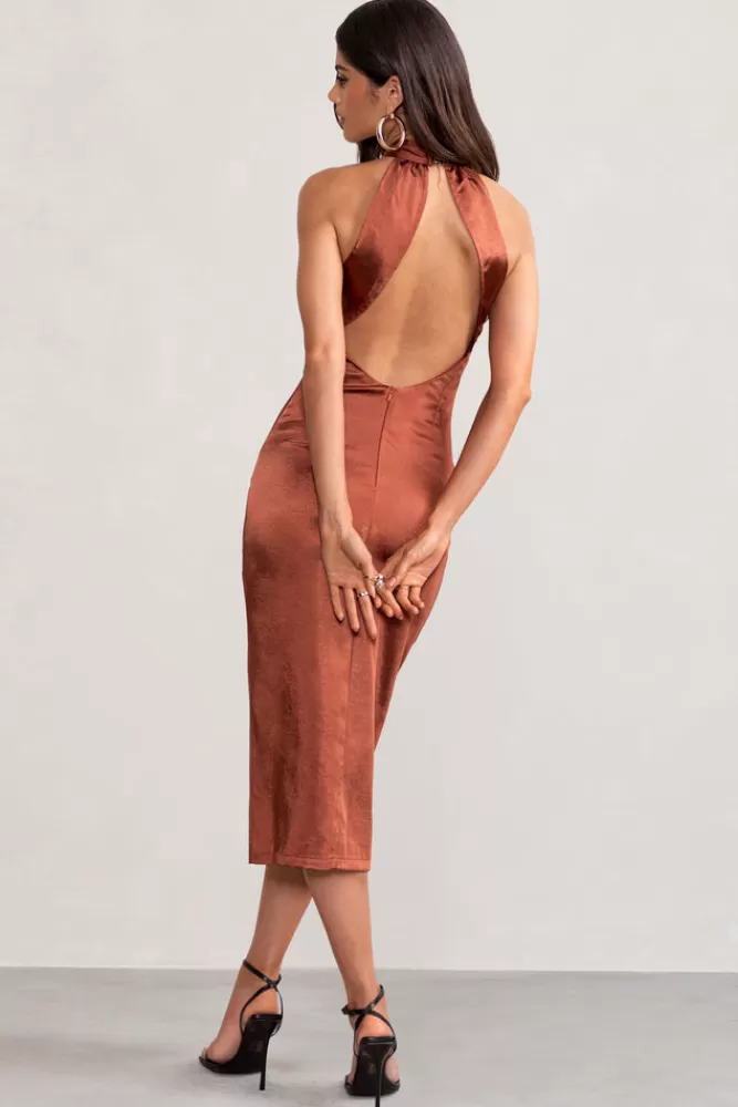 Club L London Dazzling | Satin Cross Over Halter Neck Midi Dress Rust Best