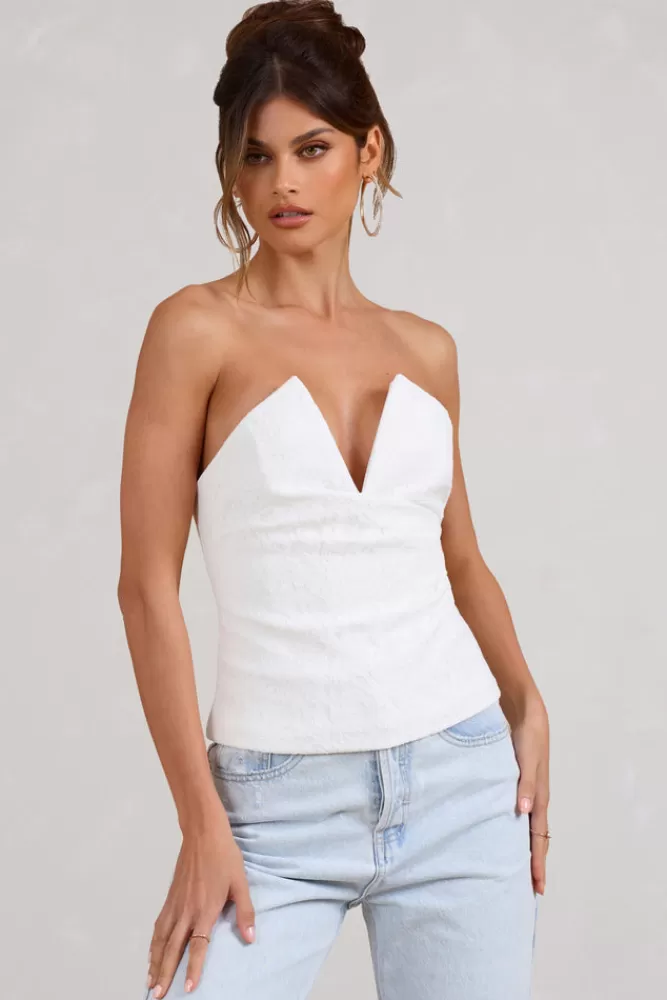 Club L London Delicacy | Lace V-Neck Bandeau Corset Top WHITE Clearance