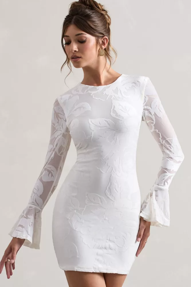 Club L London Della | Bodycon Flared-Sleeve Micro Mini Dress WHITE Discount