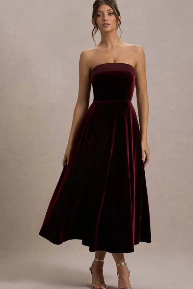 Club L London Delray | Velvet Bandeau Midi Dress PORT Flash Sale