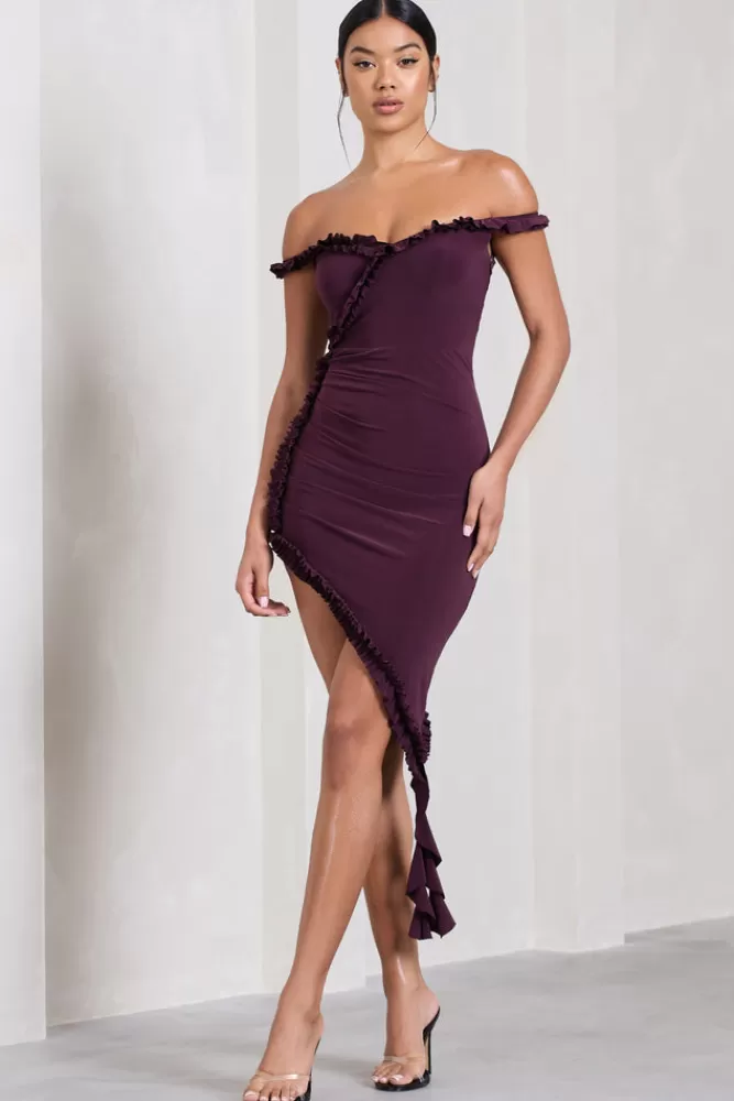 Club L London Deserted | Bardot Frilled Asymmetric Midi Dress PLUM Cheap