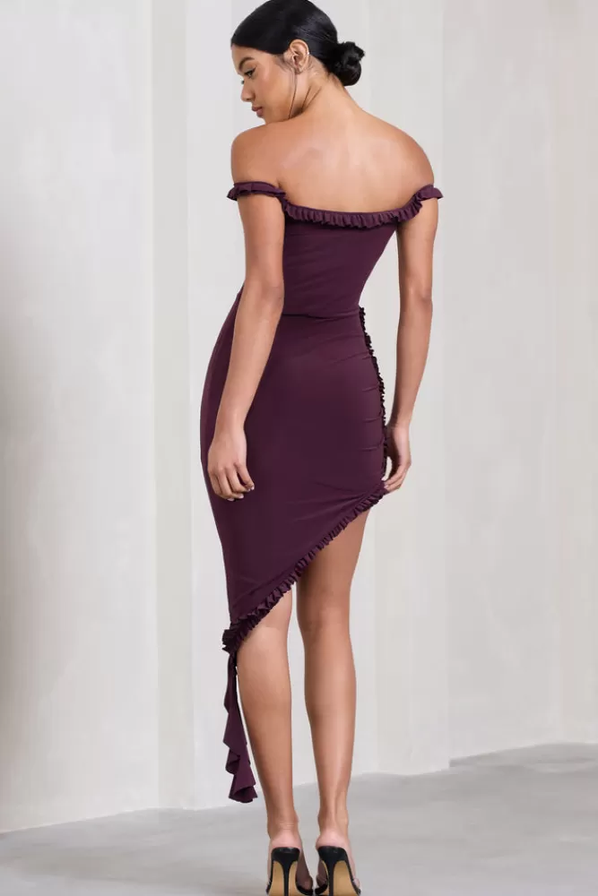 Club L London Deserted | Bardot Frilled Asymmetric Midi Dress PLUM Cheap