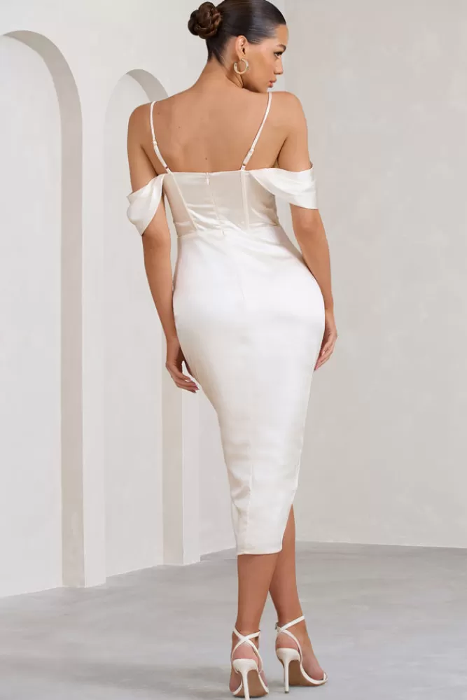 Club L London Deserving | Satin Bardot Sleeve Corset Wrap Midi Dress CREAM Best