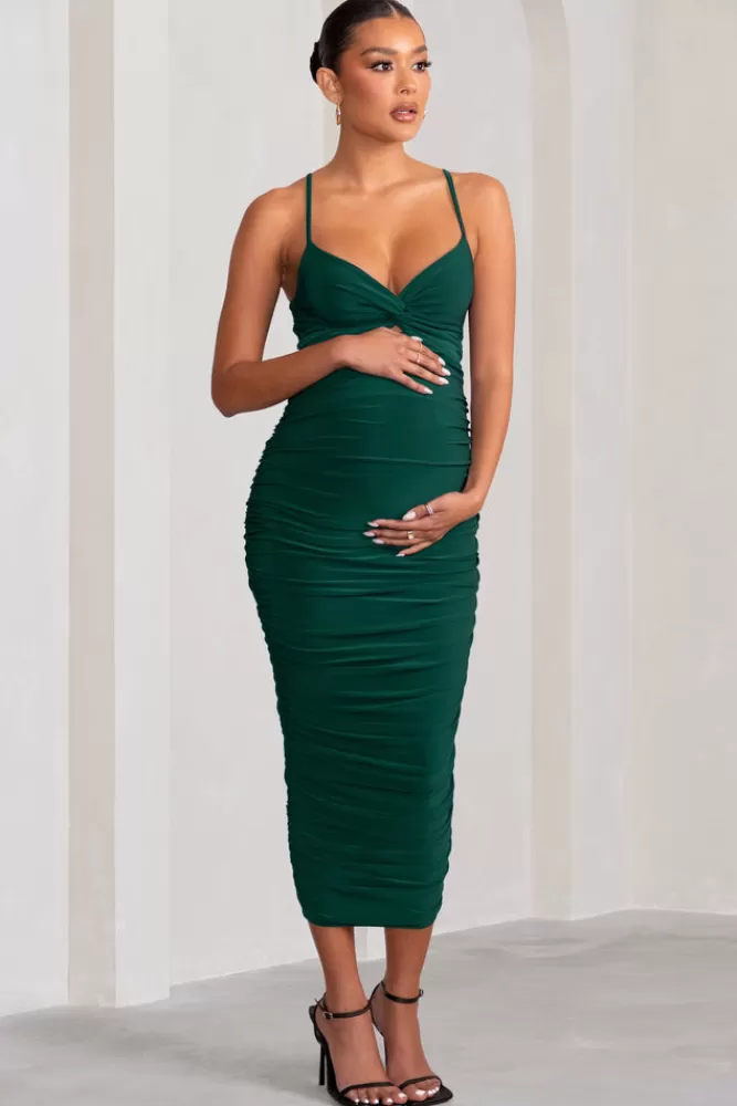 Club L London Desired | Bottle Green Maternity Cami Midi Dress with Twist Plunge BOTTLEGREEN Cheap