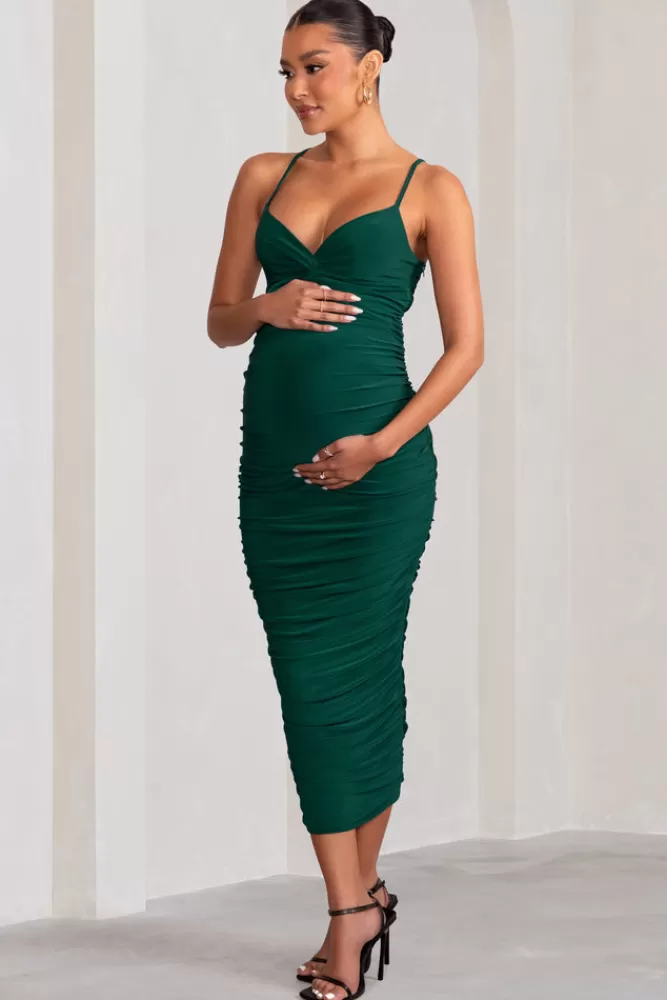 Club L London Desired | Bottle Green Maternity Cami Midi Dress with Twist Plunge BOTTLEGREEN Cheap