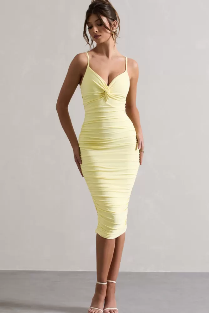 Club L London Desired | Knot Detail Ruched Midi Dress Lemon Shop