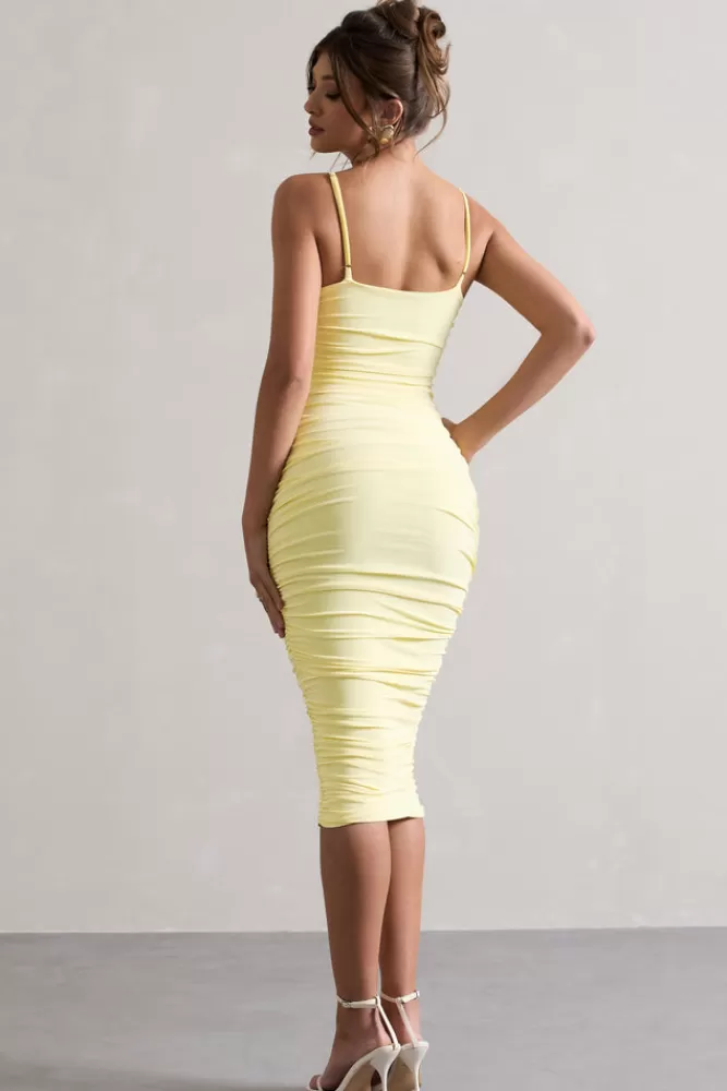 Club L London Desired | Knot Detail Ruched Midi Dress Lemon Shop