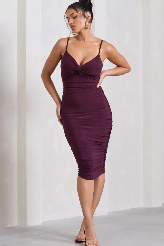 Club L London Desired | Ruched Strappy Midi Dress PLUM Flash Sale