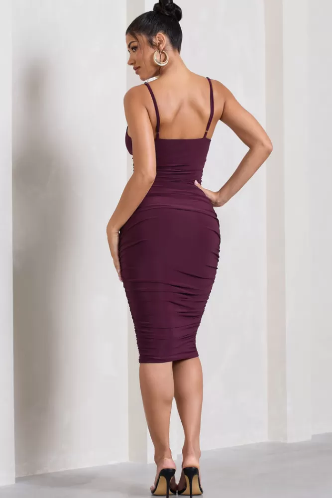Club L London Desired | Ruched Strappy Midi Dress PLUM Flash Sale
