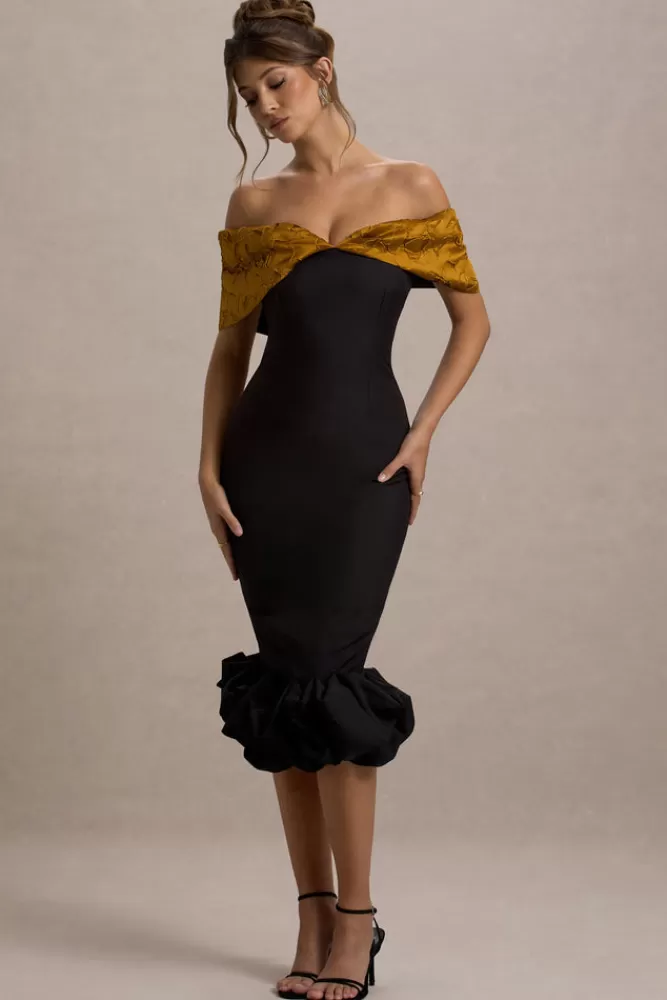 Club L London Despina | Bardot Midi Dress With Ruffle Hem BLACK Online