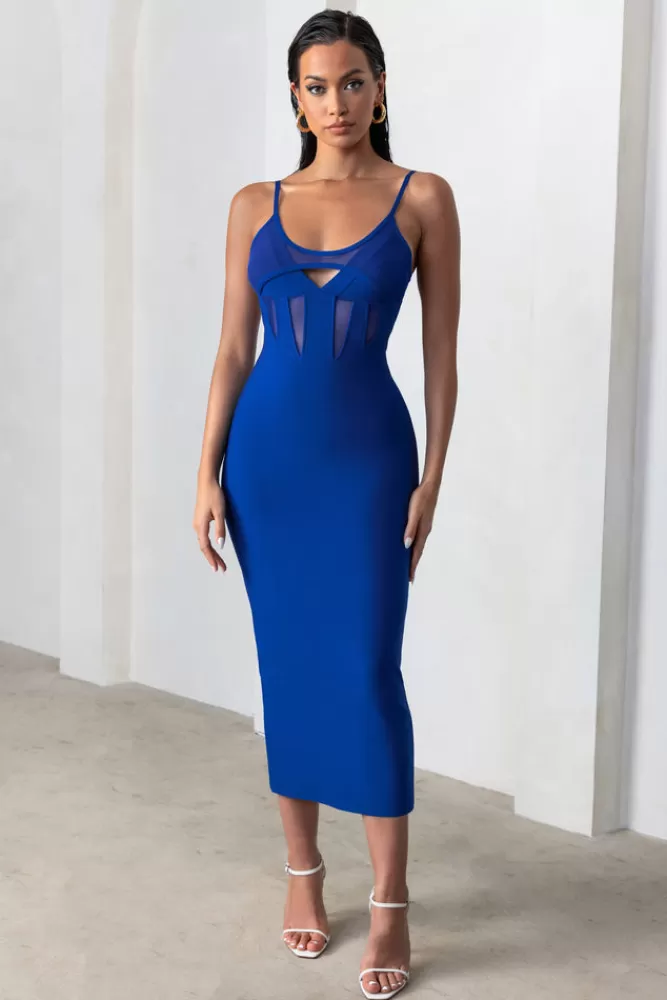 Club L London Destiny Calling | Electric Blue Bandage Mesh Cut Out Midi Dress with Bra Detail ELECTRICBLUE Shop