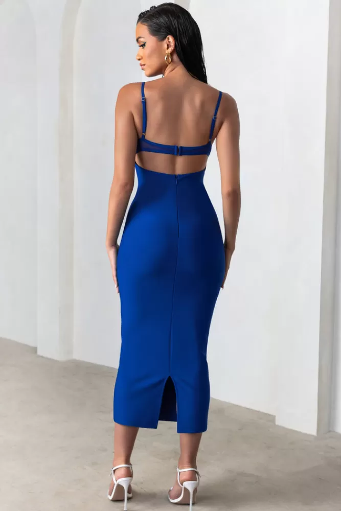 Club L London Destiny Calling | Electric Blue Bandage Mesh Cut Out Midi Dress with Bra Detail ELECTRICBLUE Shop