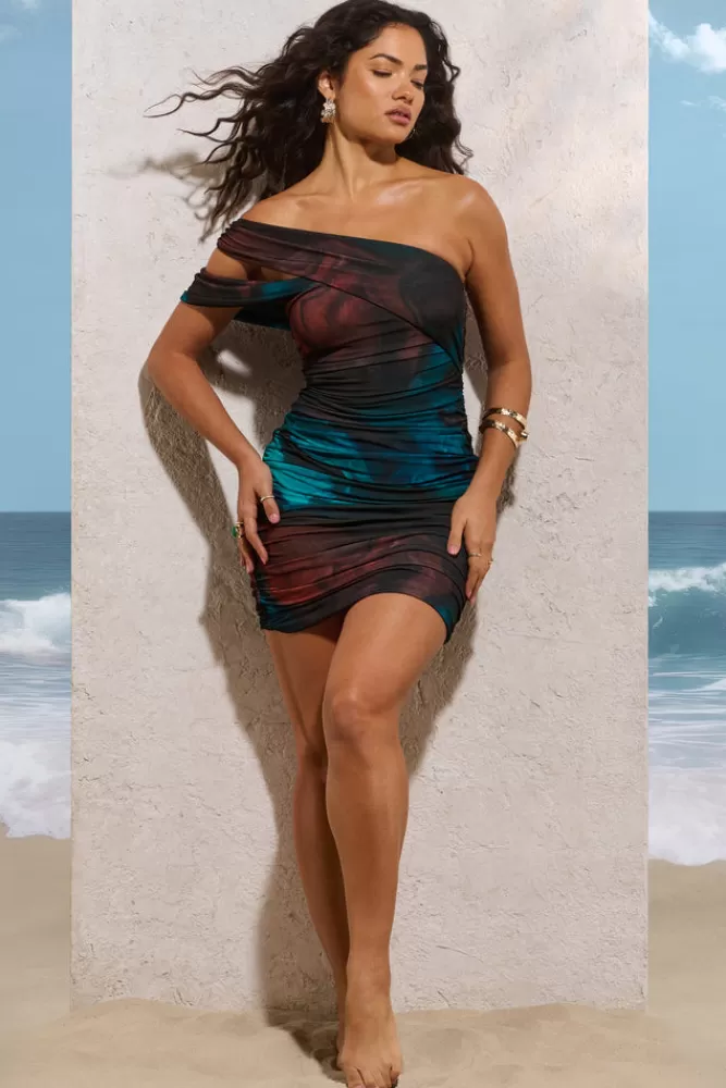 Club L London Doha | Blue Print Asymmetric Neck Off The Shoulder Ruched Mini Dress BLUEPRINT Flash Sale