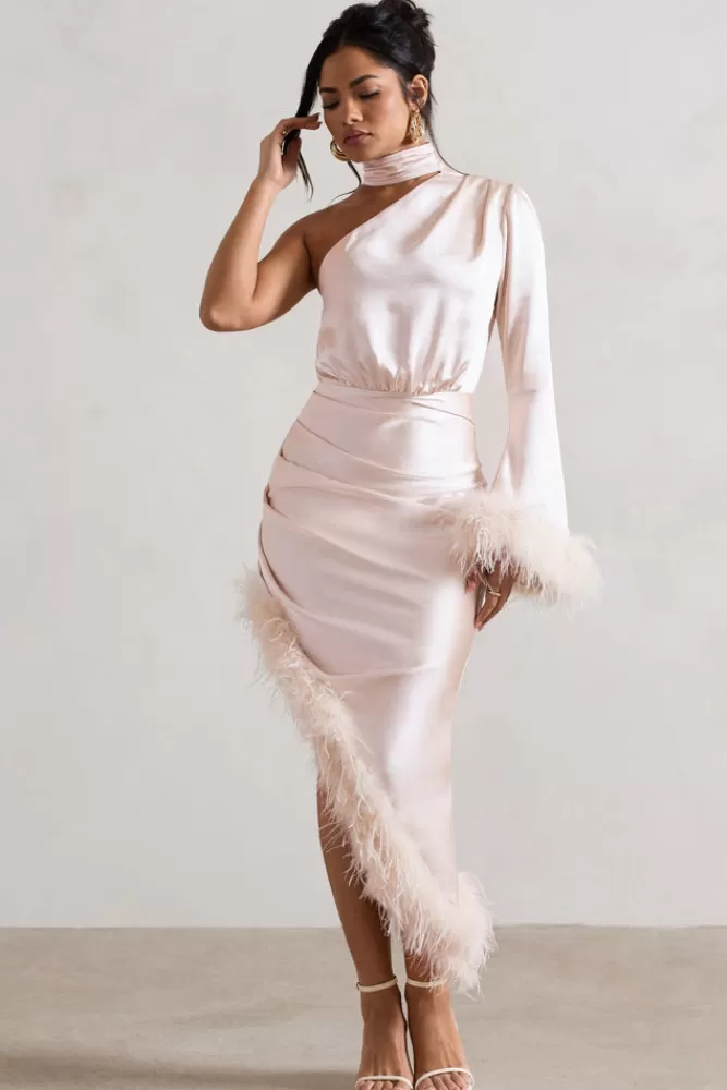 Club L London Dolce | Satin Asymmetric One Sleeve Maxi Dress With Feather Trims CHAMPAGNE Best Sale