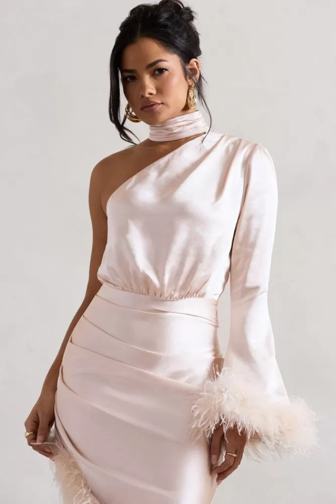 Club L London Dolce | Satin Asymmetric One Sleeve Maxi Dress With Feather Trims CHAMPAGNE Best Sale