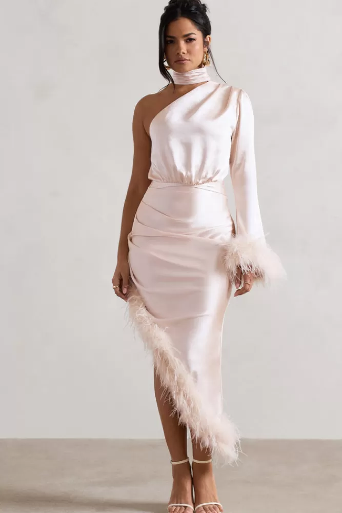 Club L London Dolce | Satin Asymmetric One Sleeve Maxi Dress With Feather Trims CHAMPAGNE Best Sale