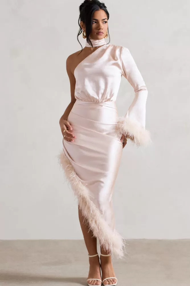 Club L London Dolce | Satin Asymmetric One Sleeve Maxi Dress With Feather Trims CHAMPAGNE Best Sale