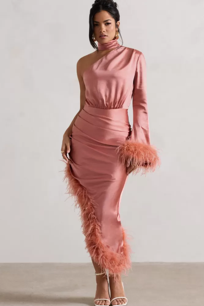 Club L London Dolce | Satin Asymmetric One Sleeve Maxi Dress With Feather Trims CORAL Discount