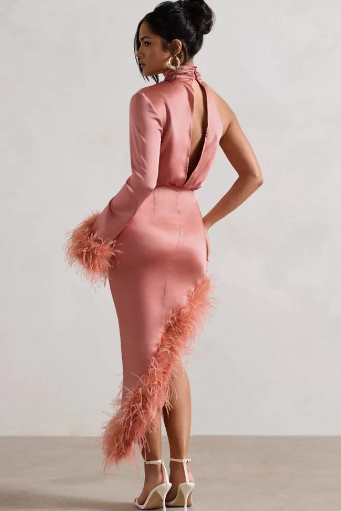 Club L London Dolce | Satin Asymmetric One Sleeve Maxi Dress With Feather Trims CORAL Discount
